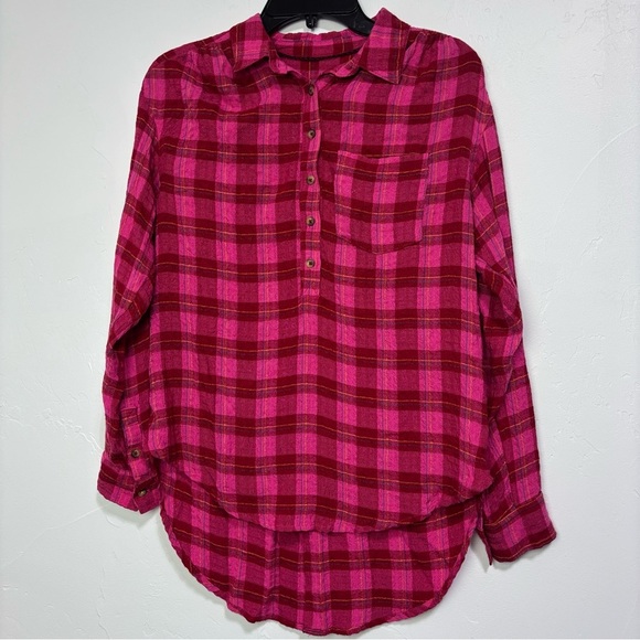 Anthropologie Tops - Anthropologie XS Women's Plaid Pink Red Flannel Gauze Shirt Button High Low